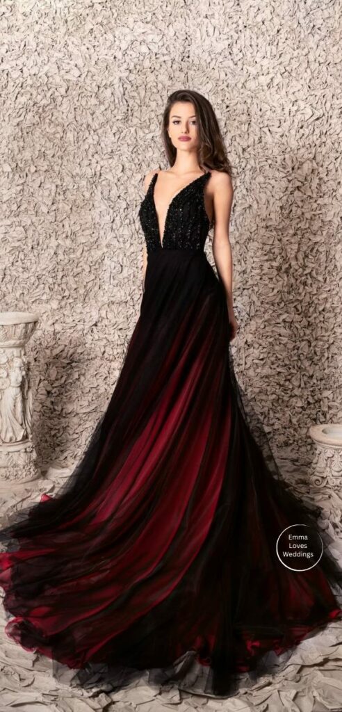Black and deep red ombre bridal gown with chiffon fabric