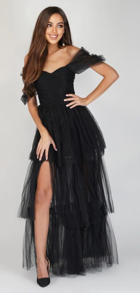 Black tulle and lace wedding dresses like this one are sure to get your attention at your next black tie event.