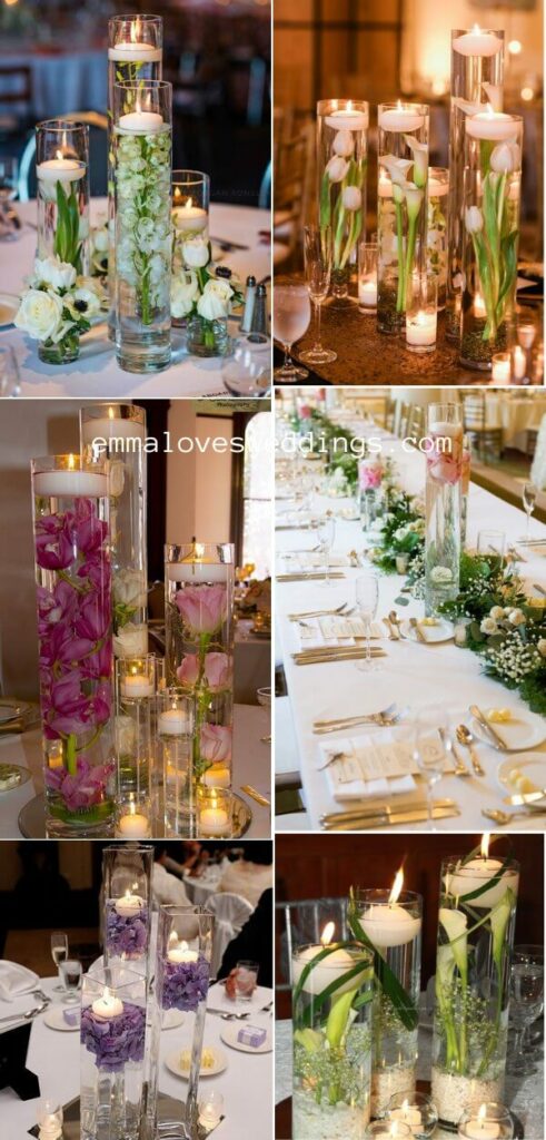 Bring your wedding reception to life with a dazzling flower and floating candle centerpiece a perfect combination of romance and sophistication