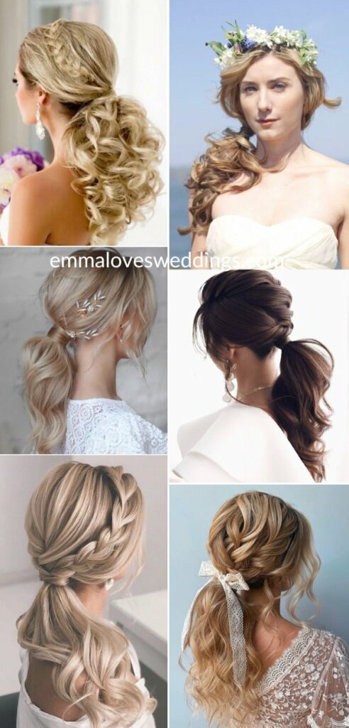 Elevate a simple ponytail to a stunning wedding hairstyle for medium hair by adding braids twists or accessories like floral pins or pearls