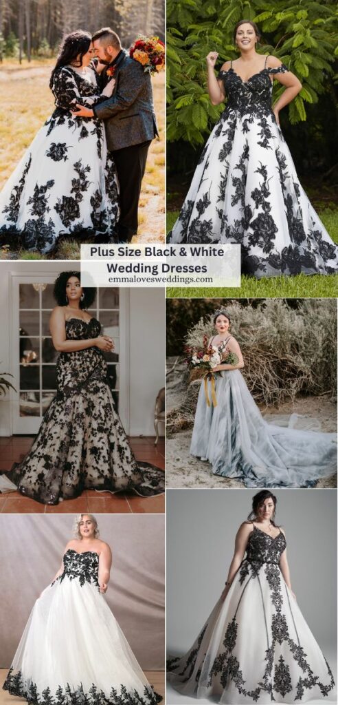 Find the ideal blend of refinement and style with these stunning plus size black and white wedding dress ideas.