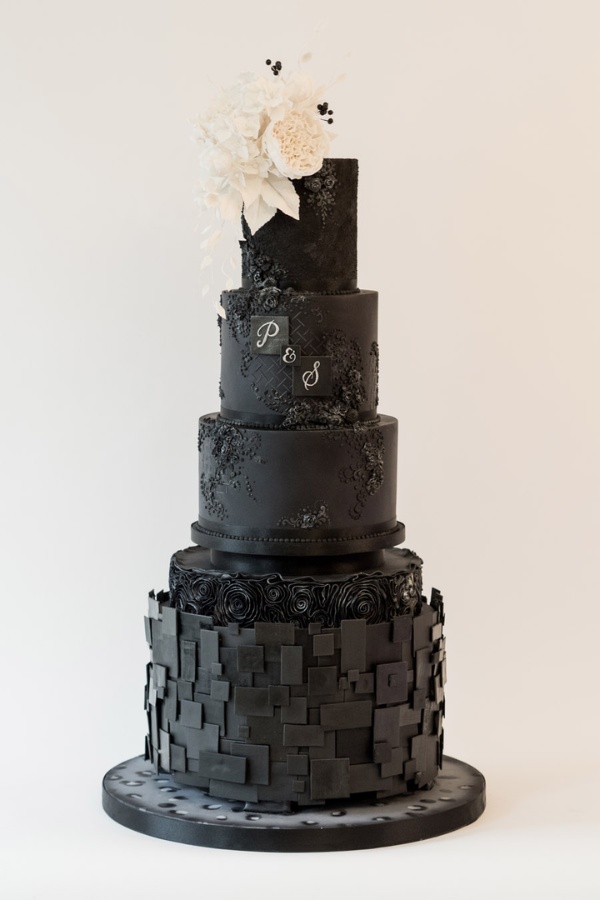 Four tiered gothic inspired black wedding cake