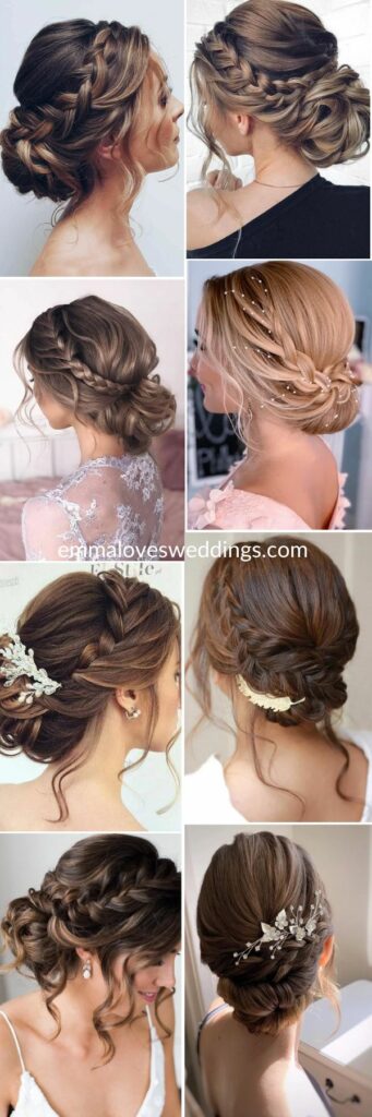 French braided bun Medium hair wedding hairstyles combine a french braid with a beautiful bun for a graceful and timeless look.