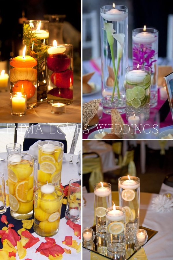 Fruit and floating candle centerpieces provide natural beauty and fragrance to your wedding decor.