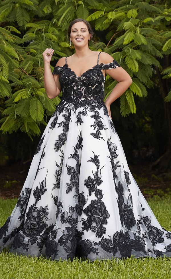 Get all the attention with this plus size black and white off the shoulder ballgown.