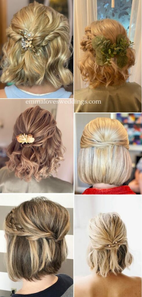 Half up hairstyles for short hair are beautiful and elegant for any wedding style from boho to classic.