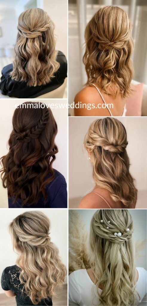 Half up half down wedding hairstyles for medium hair allow brides to show off their hairs natural beauty while looking chic and polished.
