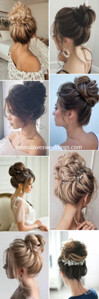 High messy bun wedding hairstyles for medium hair are a trendy and effortless choice that adds elegance to any wedding look.