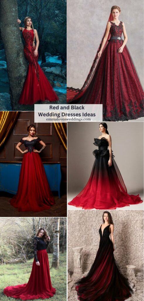 Make a bold and spectacular entry on your wedding day with these stunning red and black wedding dress ideas.
