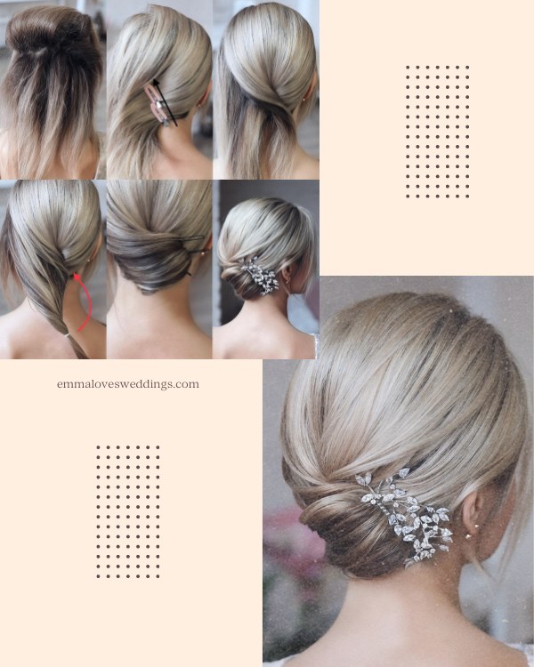 Short hair can still look stunning when styled in an updo for a wedding by twisting and pinning parts at the crown and neck.