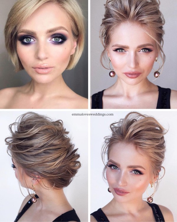 The best chic hairstyle for a bride with short hair is a messy textured updo with loose curls.