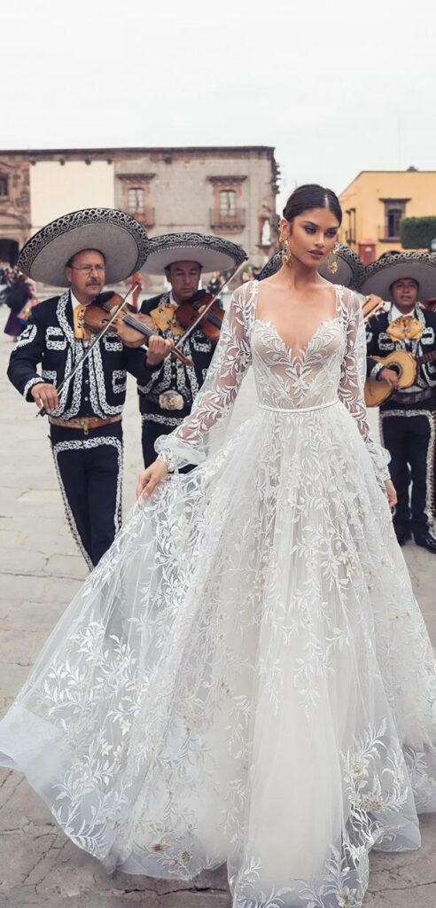 The intricate lace details of the Mexican bridal dress added a touch of elegance to the brides stunning look