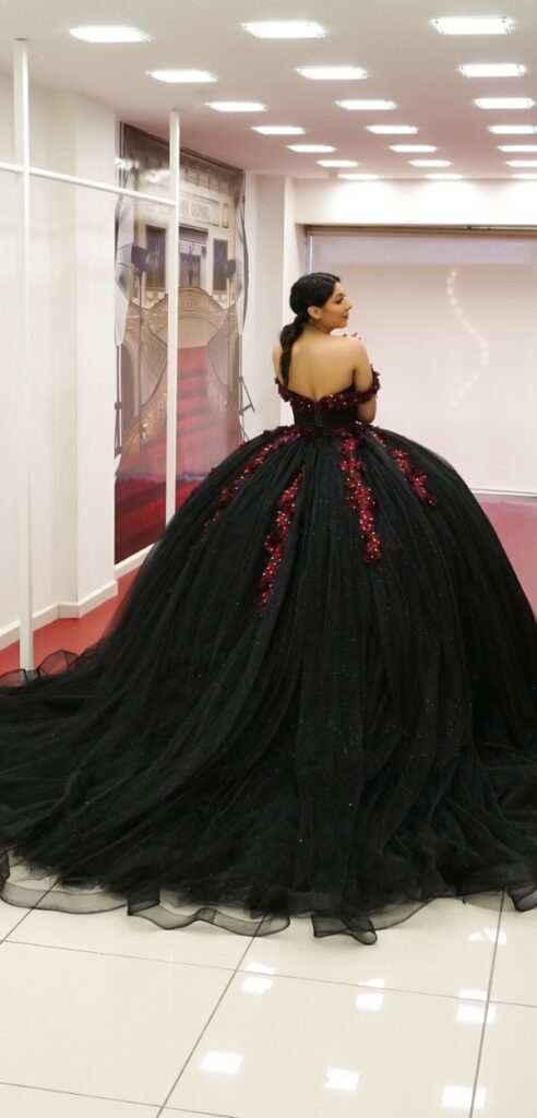 This Red and Black Off Shoulder Ball Gown is enchantingly graceful and great for a fall wedding