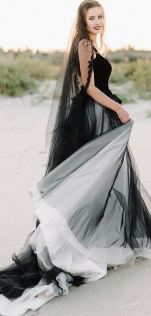 This Tulle Lace white and black gothic wedding dress is ideal for destination weddings.
