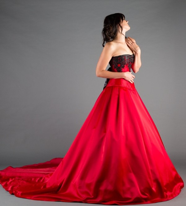 This beautiful A line red and black imperial goth wedding dress features an abundance of Royal Duchess satin.