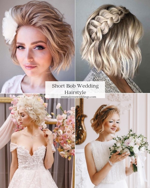 This classic short hair bob wedding hairstyle can be styled in a variety of ways to complement your personality.