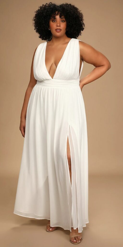This white floor length beach wedding dress in plus size will make you feel like a goddess all night long.