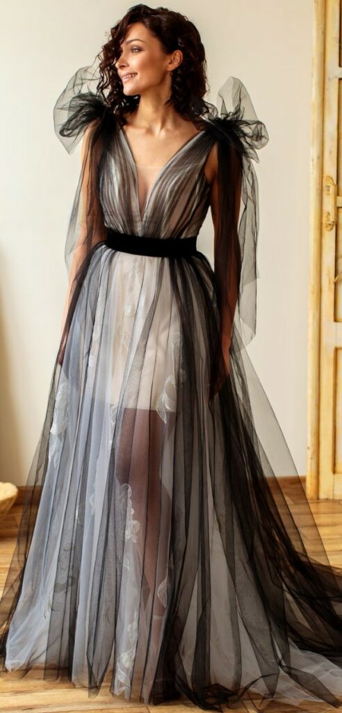 Tulle black and white Bohemian ombre A line wedding dress with shoulder bows