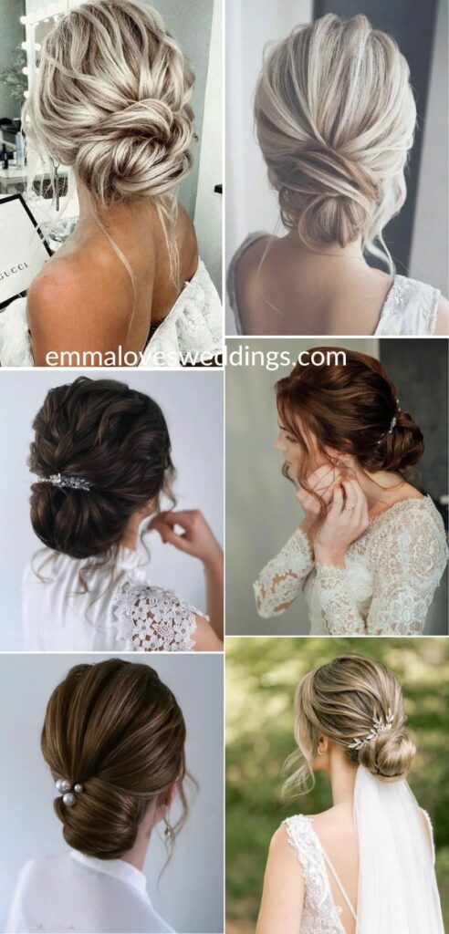 Twisted low bun medium length wedding hairstyles are a classic and chic option that is easy to create and adds a touch of sophistication to any bridal look.