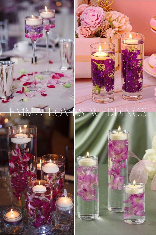 Wedding centerpiece with purple orchids underwater and floating candles. The look is completed with rhinestones mercury glass and fresh rose petals.