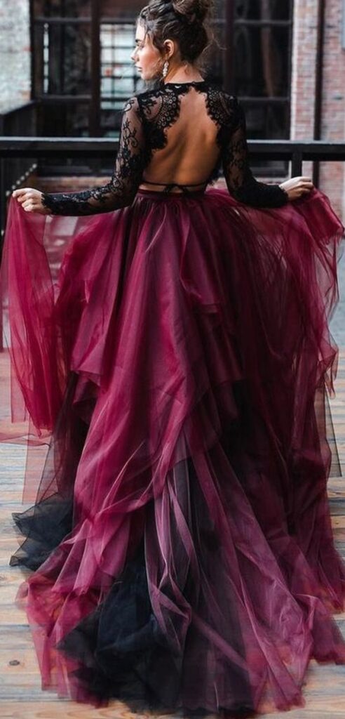 With this soft tulle cheap red and black backless wedding dress channel your inner Gothic goddess and turn heads.