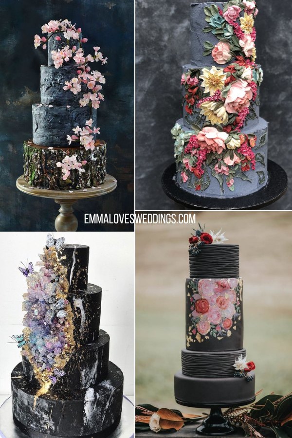 A black wedding cake ideas topped with stunning flowers will add a touch of modern romance to your special day
