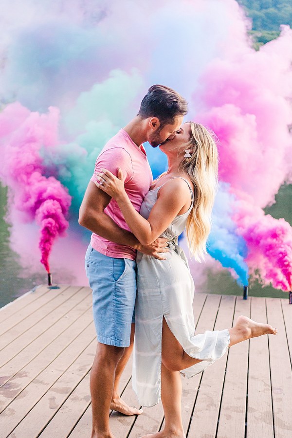 Add a touch of drama and whimsy to your engagement photos with a stunning smoke bomb session