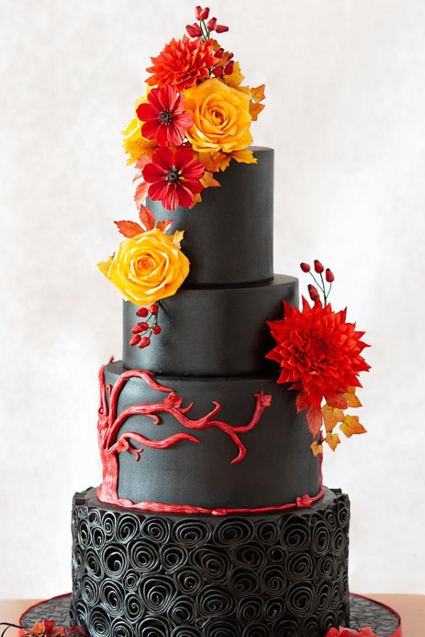 Colorful red and black wedding cake