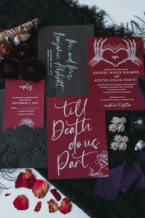 Let this deep red and black gothic wedding invitation capture the ethereal beauty of your day
