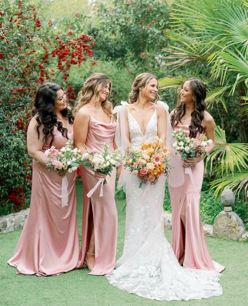 revelry satin bridesmaid dress in blush color for summer wedding