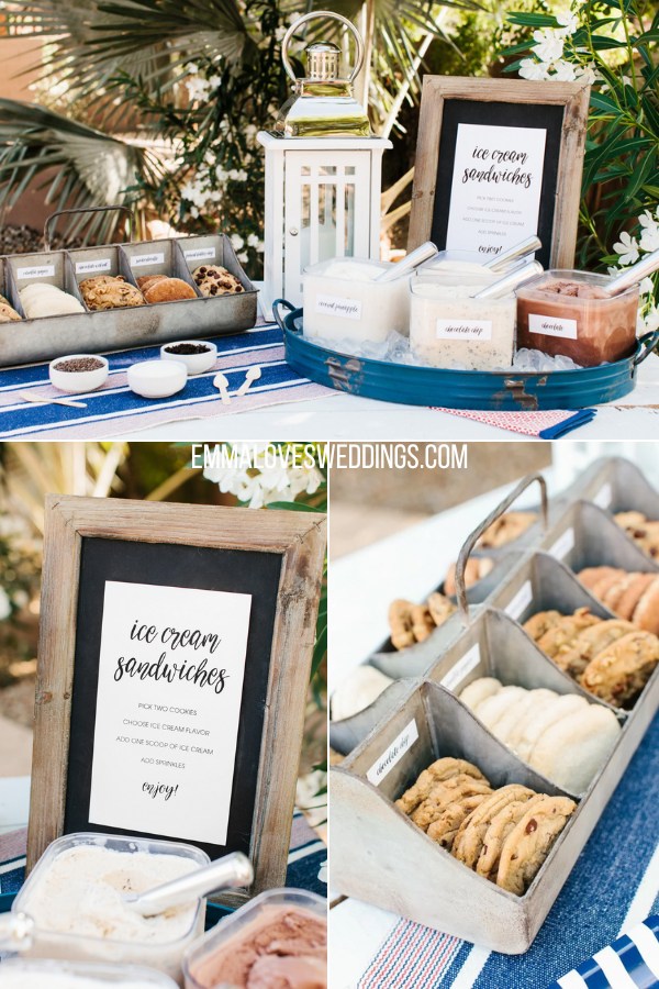 Sprinkles crushed cookies and almonds on ice cream sandwiches are a delicious wedding dessert idea