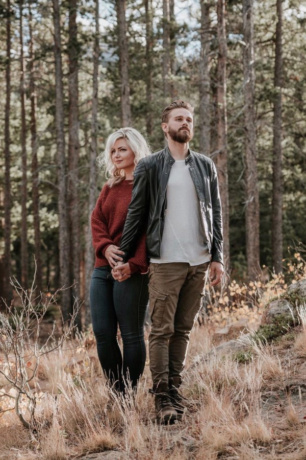 The couple looks stunning in their meticulously selected fall engagement photo outfit