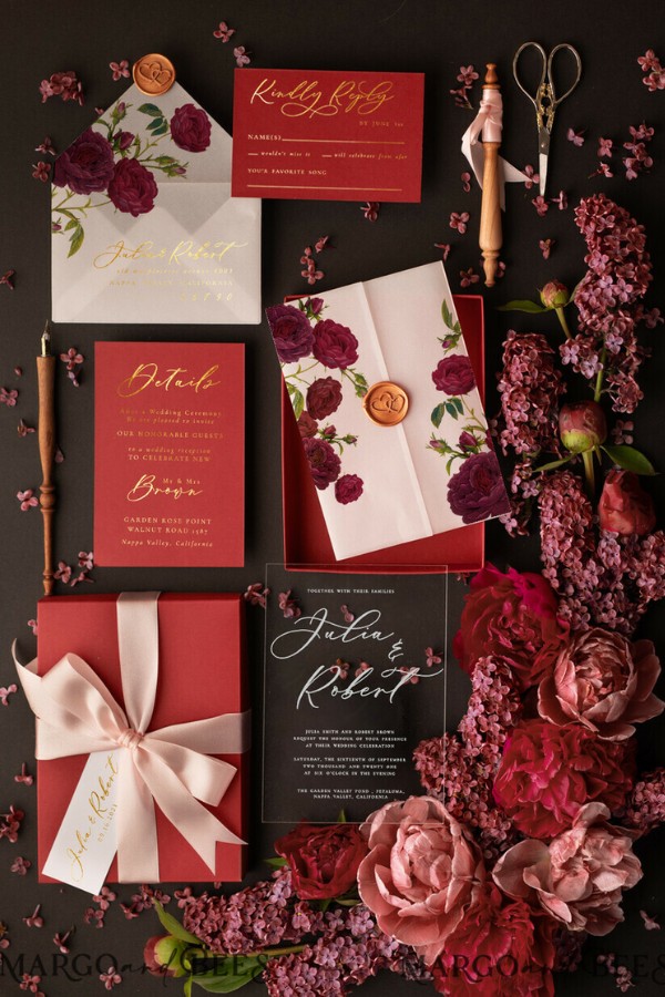 These stunning acrylic wedding invitations capture the soul of your love story with their combination of romantic red and elegant black