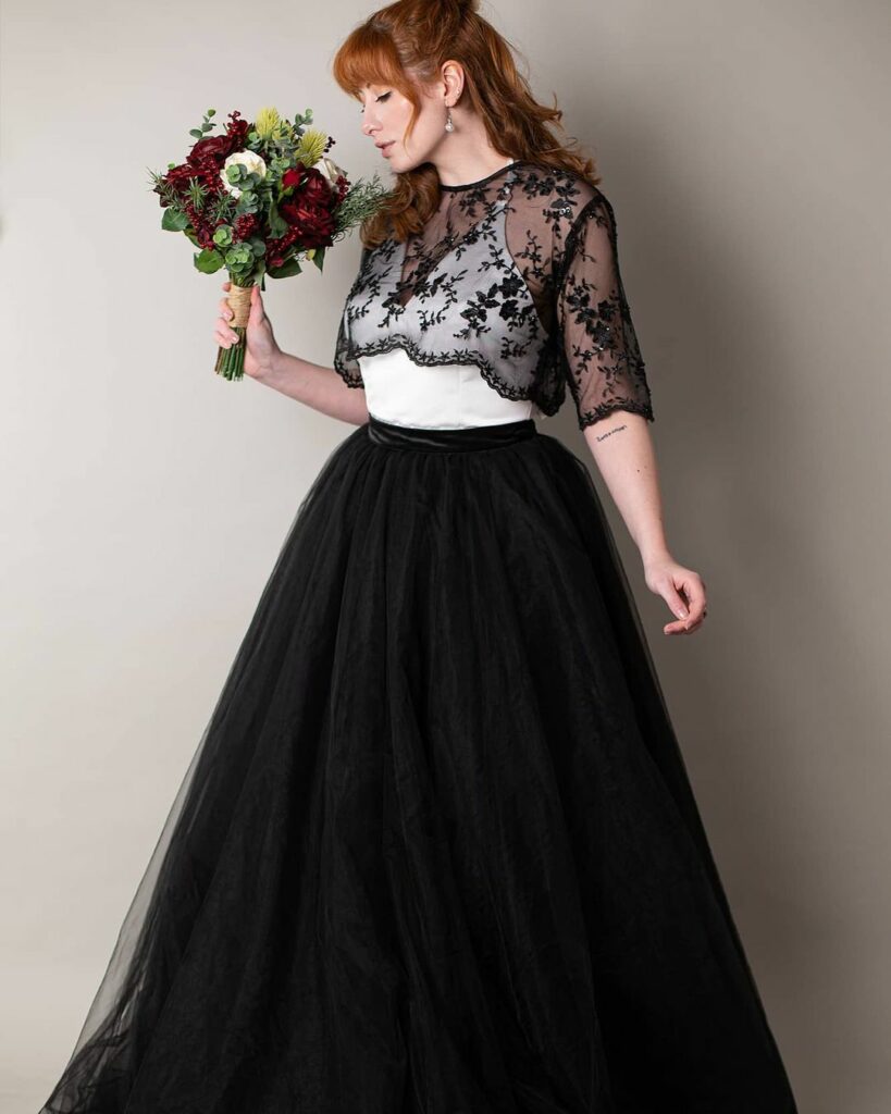 black and white tulle skirt with sleeves