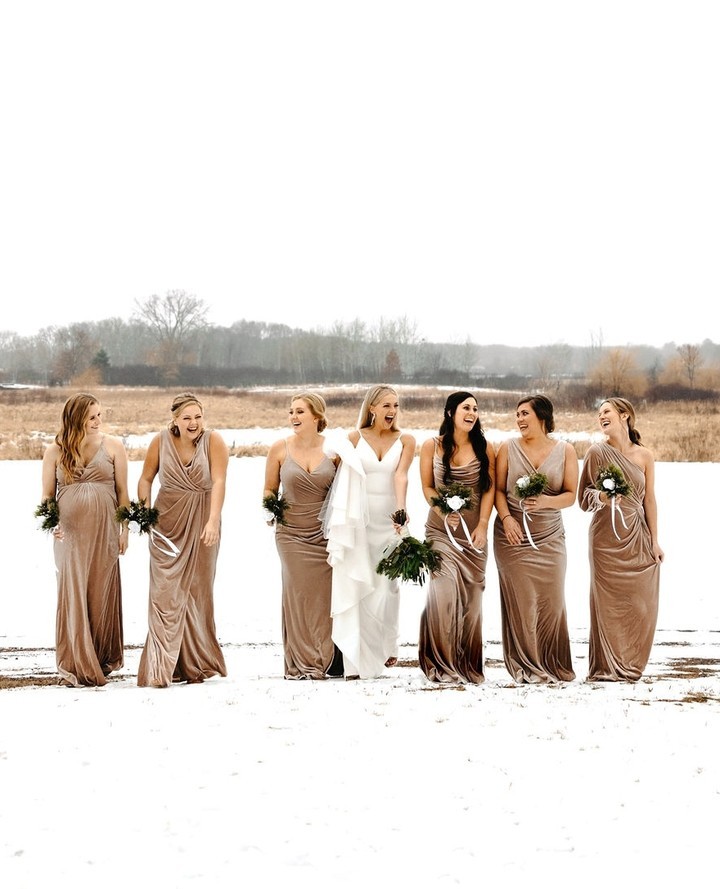 champagne revelry velvet bridesmaid dresses for winter wedding