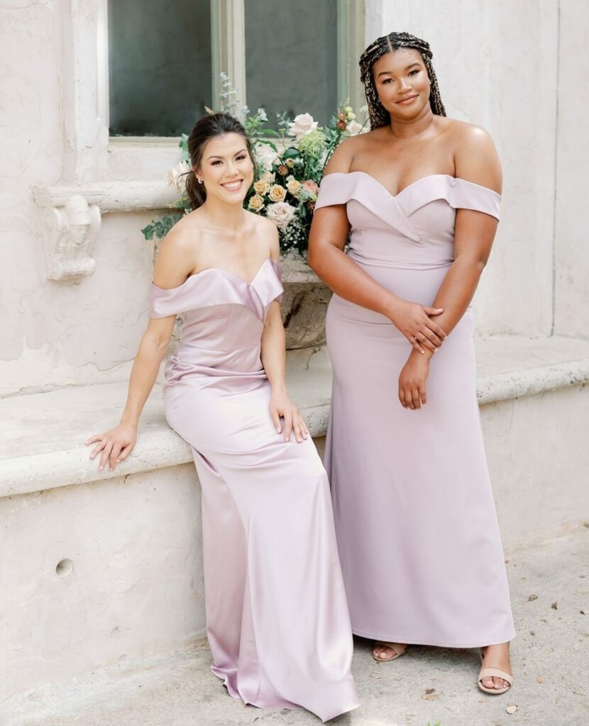 lilac satin and crepe revelry bridesmaid dresses