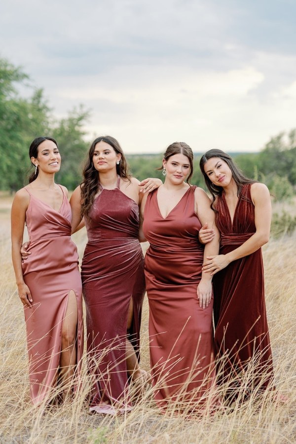 mix and match bridesmaid dresses in satin and velvet