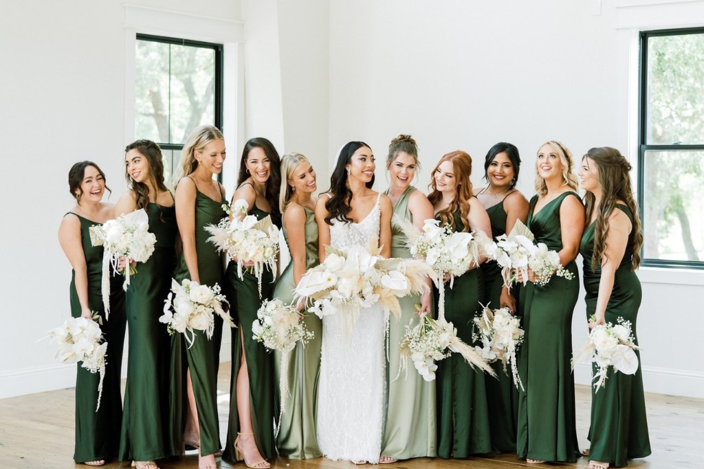 olive and sage green satin revelry bridesmaid dresses