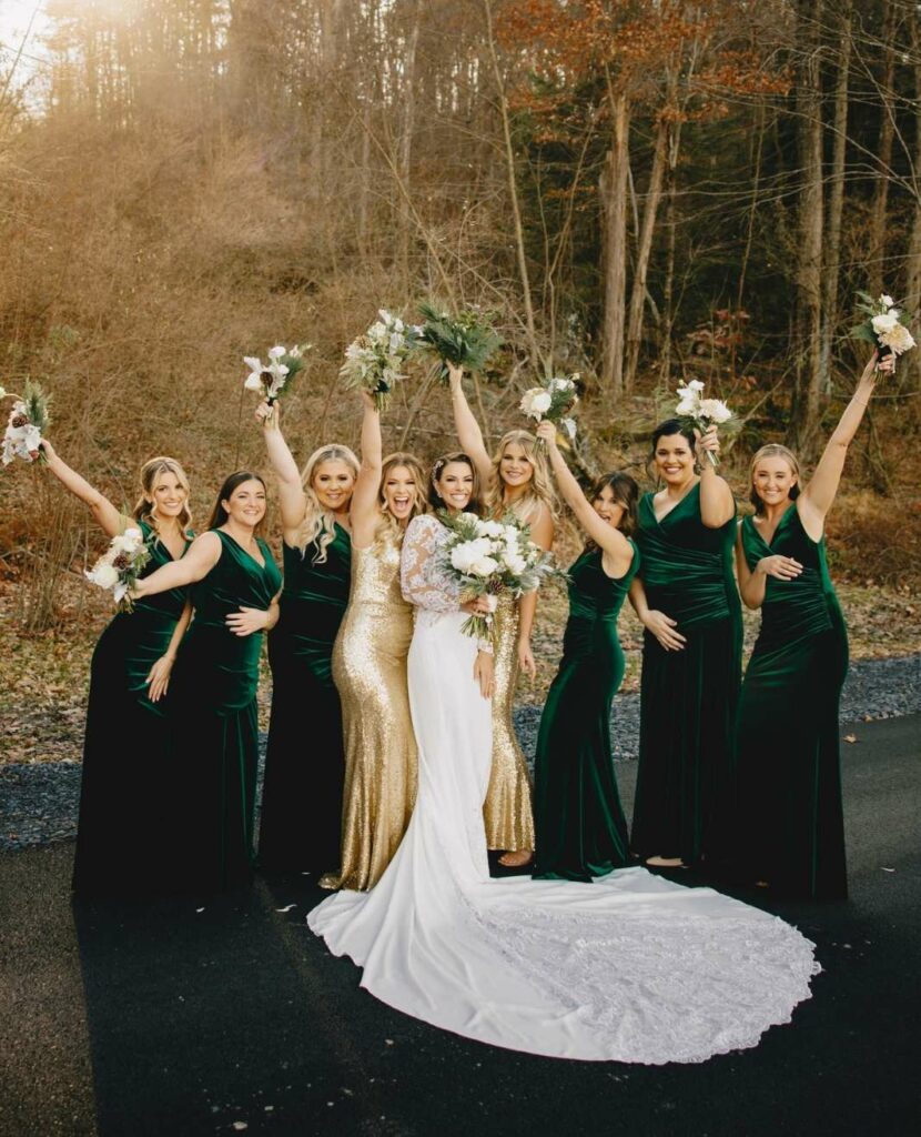 perfect colors for winter weddings are velvet emerald green sequin gold bridesmaid dresses
