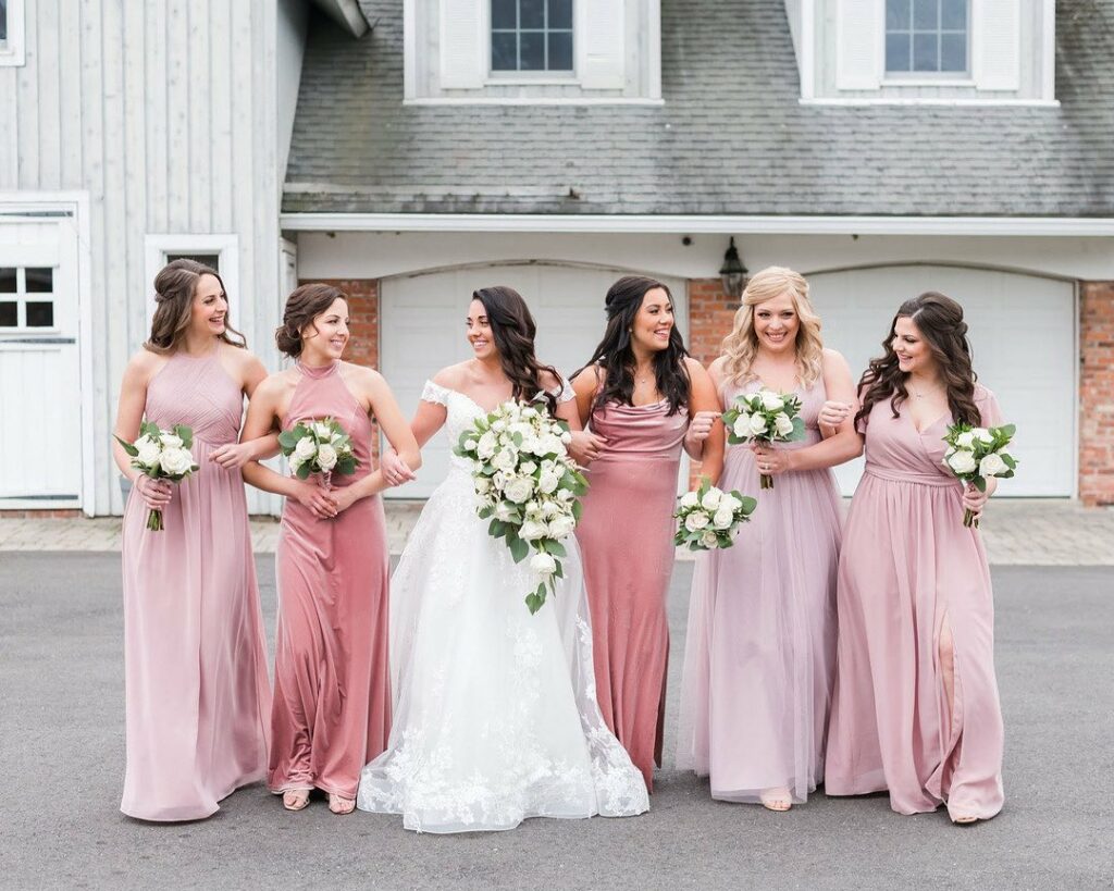 revelry mix and match bridesmaid dresses in shades of pink