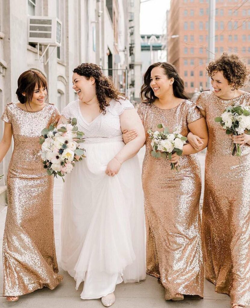 revelry sequin gold bridal party dresses