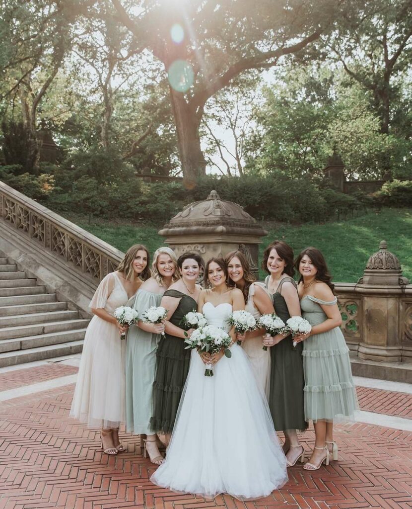 champagne and shades of green revelry bridal party dresses