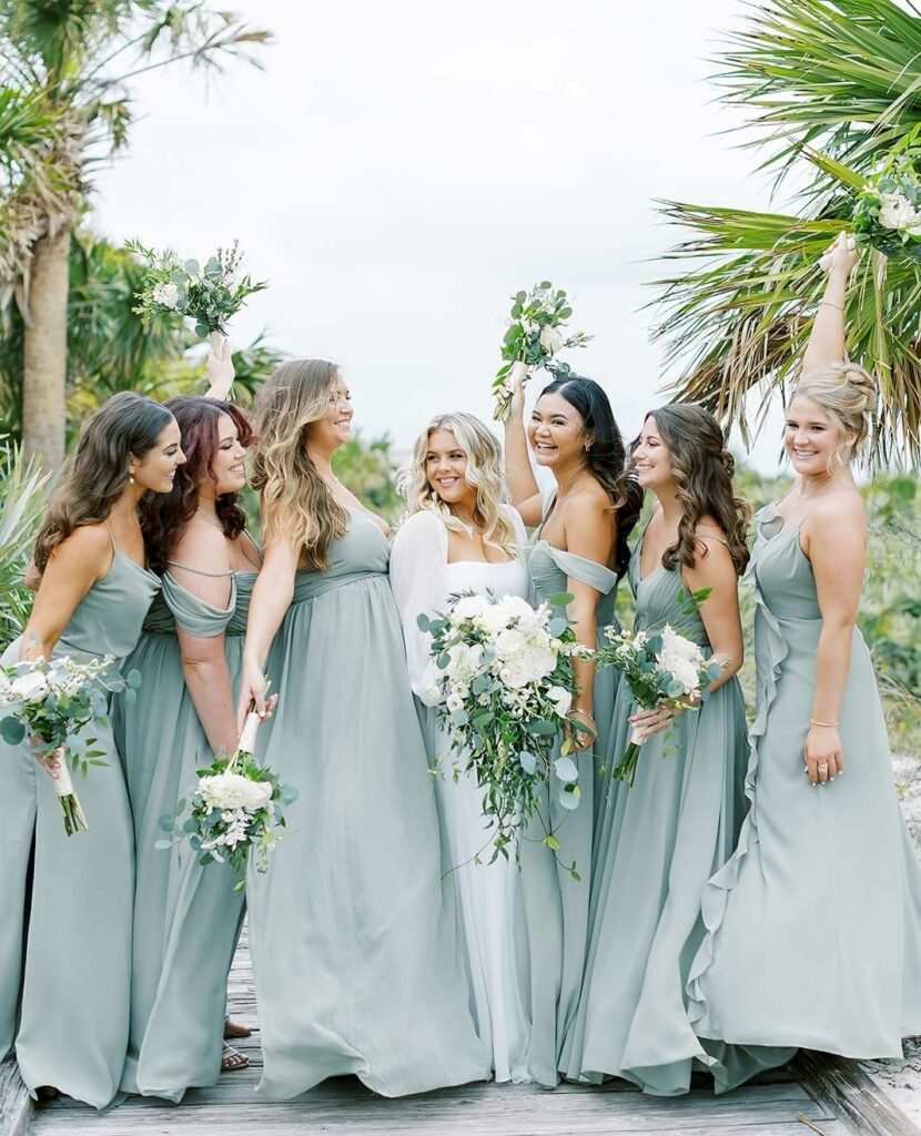 silver sage chiffon bridesmaid dresses from revelry
