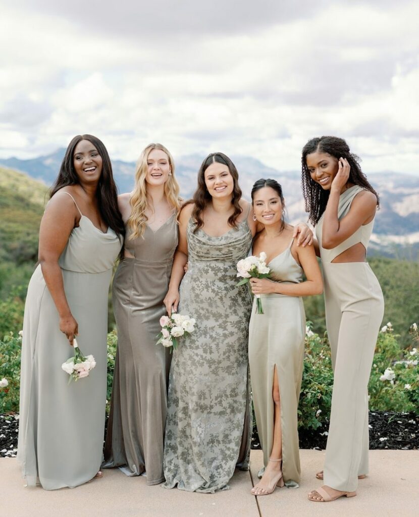 Silver sage revelry bridesmaid dresses in chiffon, velvet, floral velvet, satin and crepe 