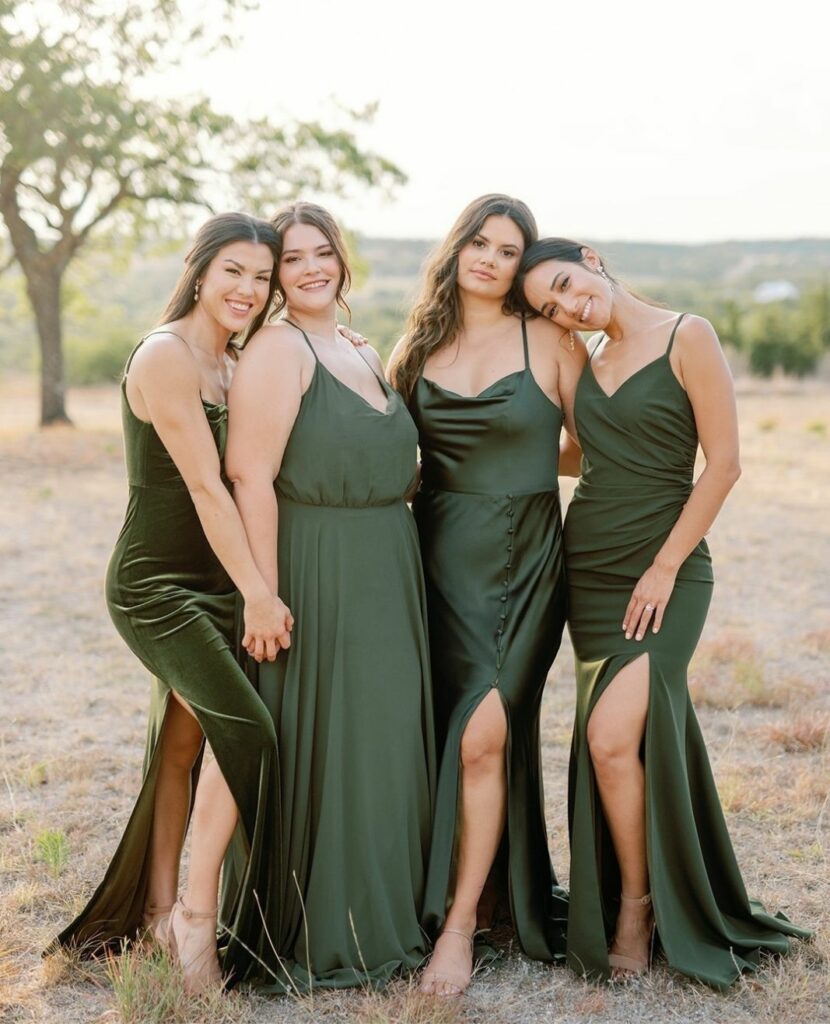velvet chiffon satin and crepe revelery olive green bridal party dress