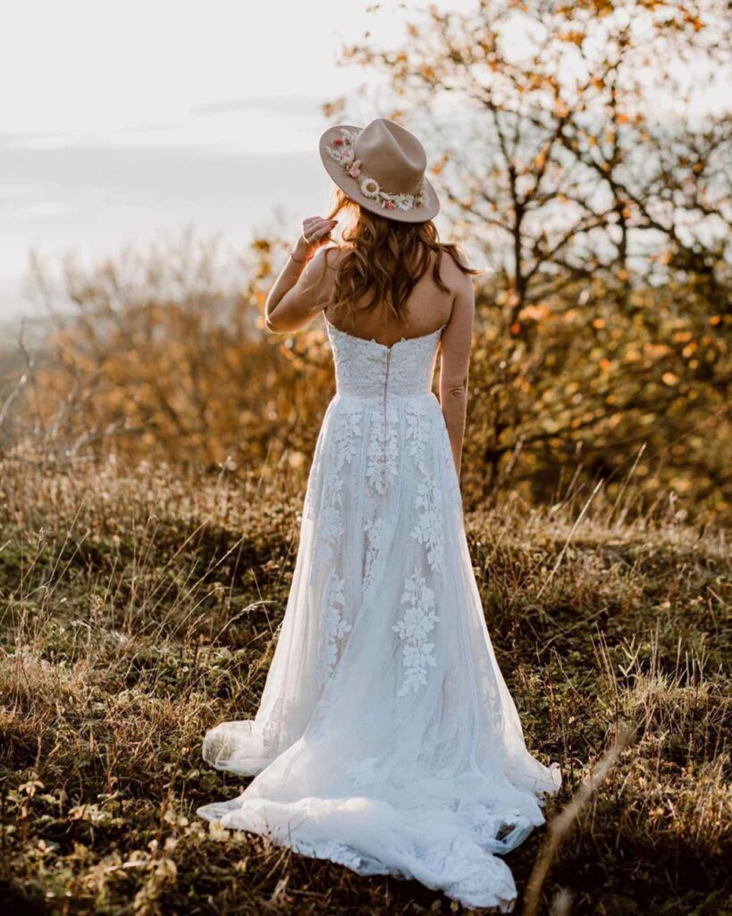 bohemian wedding dress with hat
