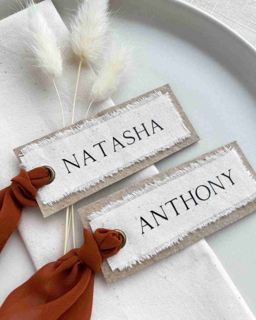 boho theme wedding handmade table names with ribbon