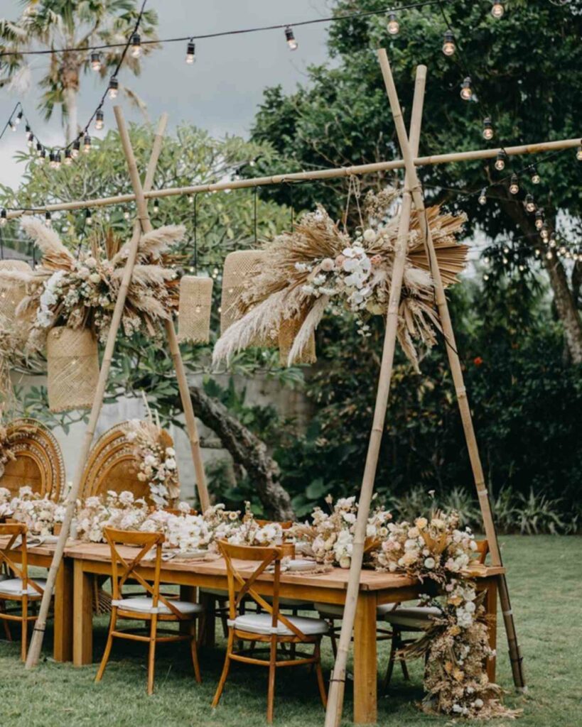 boho wedding dried flowers table arch decor and lighting