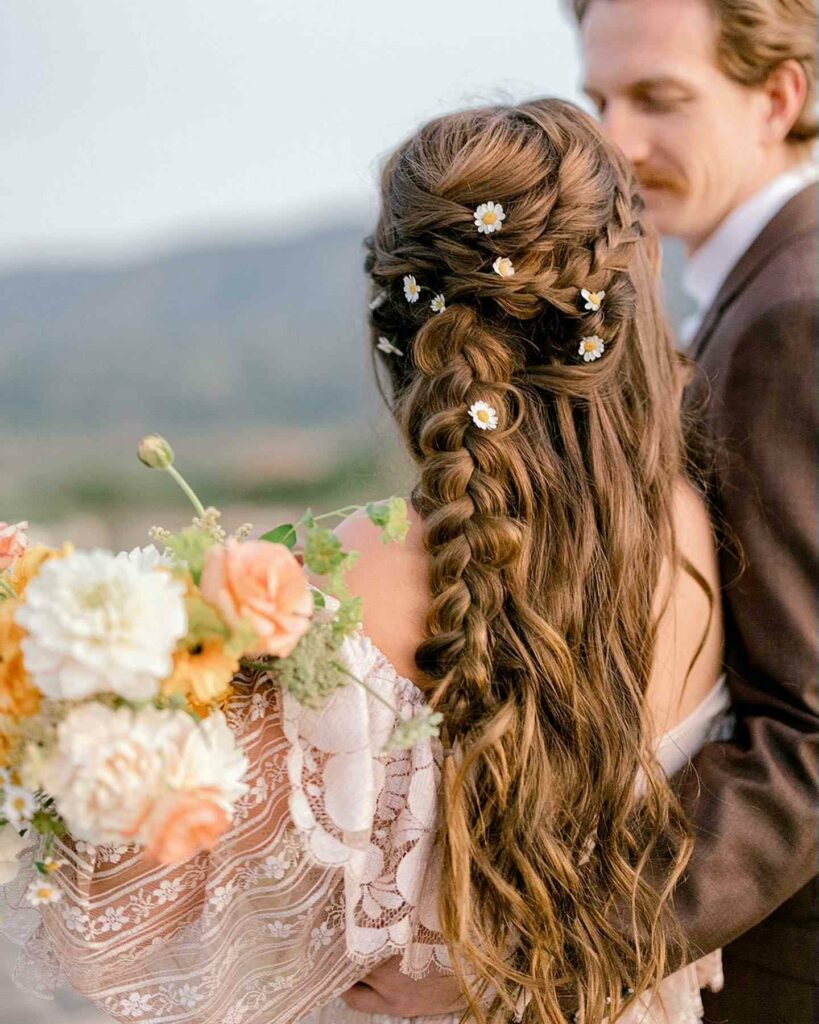 braided bohemian wedding hairstyle for bride
