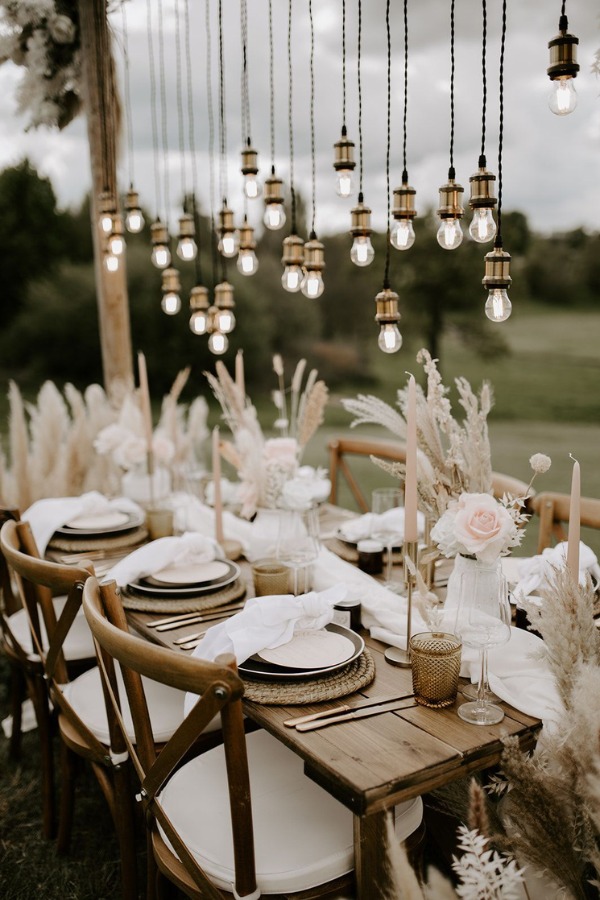 cheap rustic wedding table decorations with lighting and pampas grass